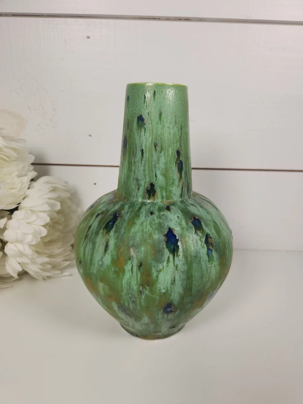 Vintage Peacock Feather Design Pottery Vase | Green & Blue Glazed Art Vase
